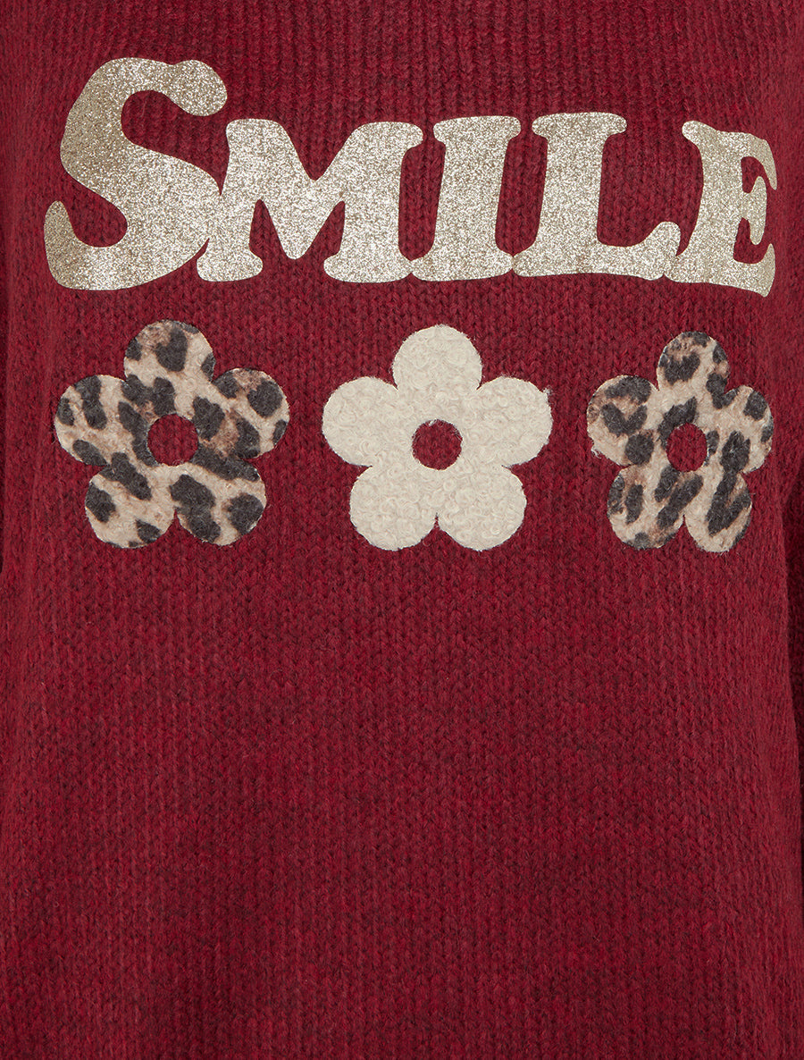 Einfarbiger Strickpullover mit Flockdruck - Bordeaux