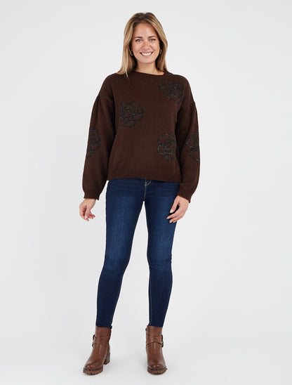 Einfarbiger Pullover mit Blumenmustern - Braun