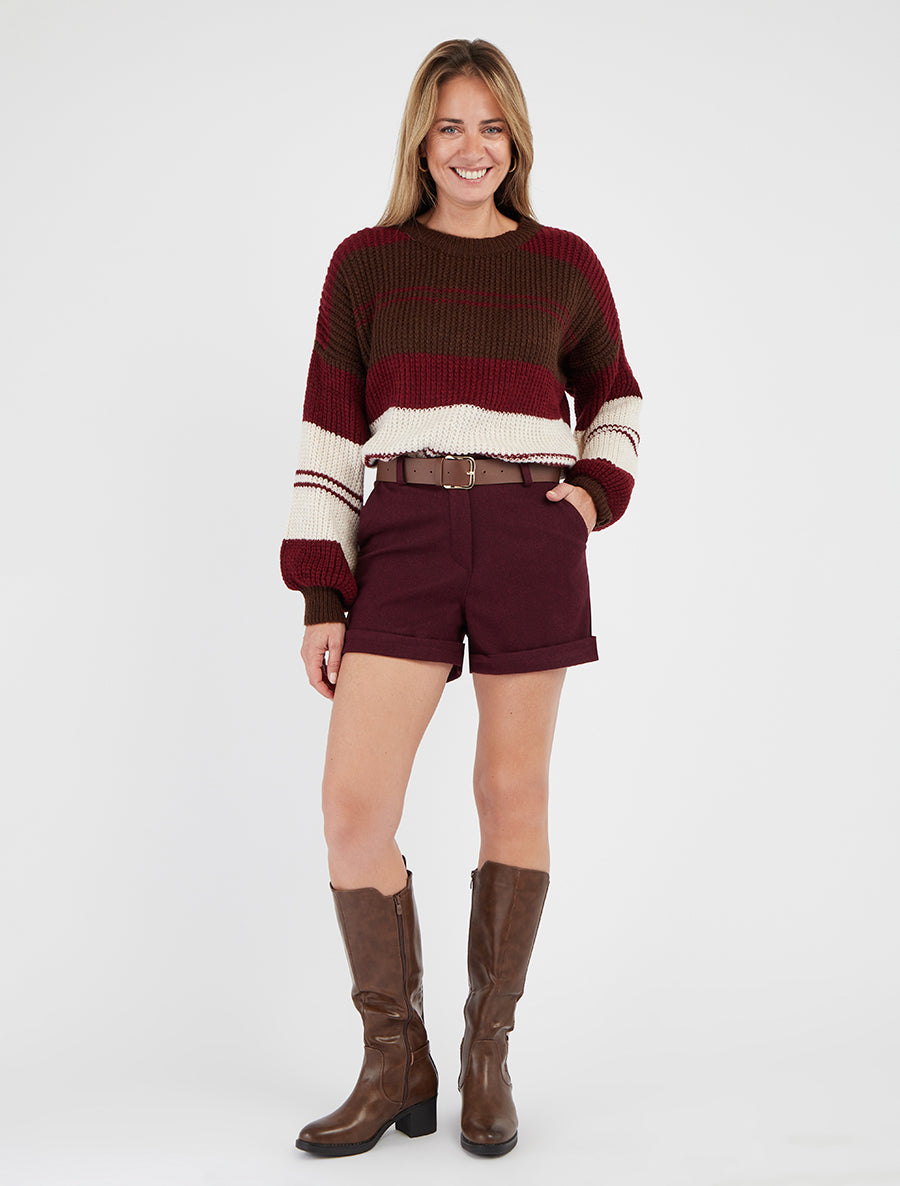 Strickpullover mit kontrastierenden Streifen - Bordeaux/Braun