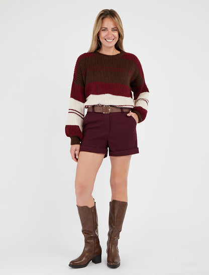 Strickpullover mit kontrastierenden Streifen - Bordeaux/Braun