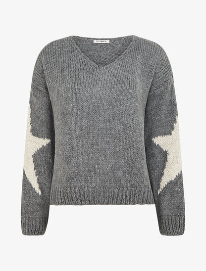 Pull en maille uni à motifs étoiles - Gris - 1