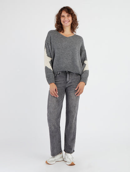 Unifarbener Strickpullover mit Sternenmuster - Grau