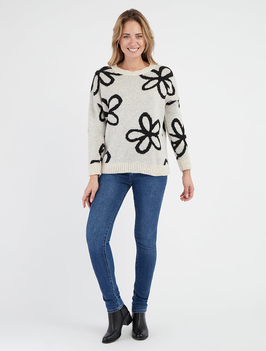 Gerader Pullover mit Blumenmuster - Gebrochenes Weiß