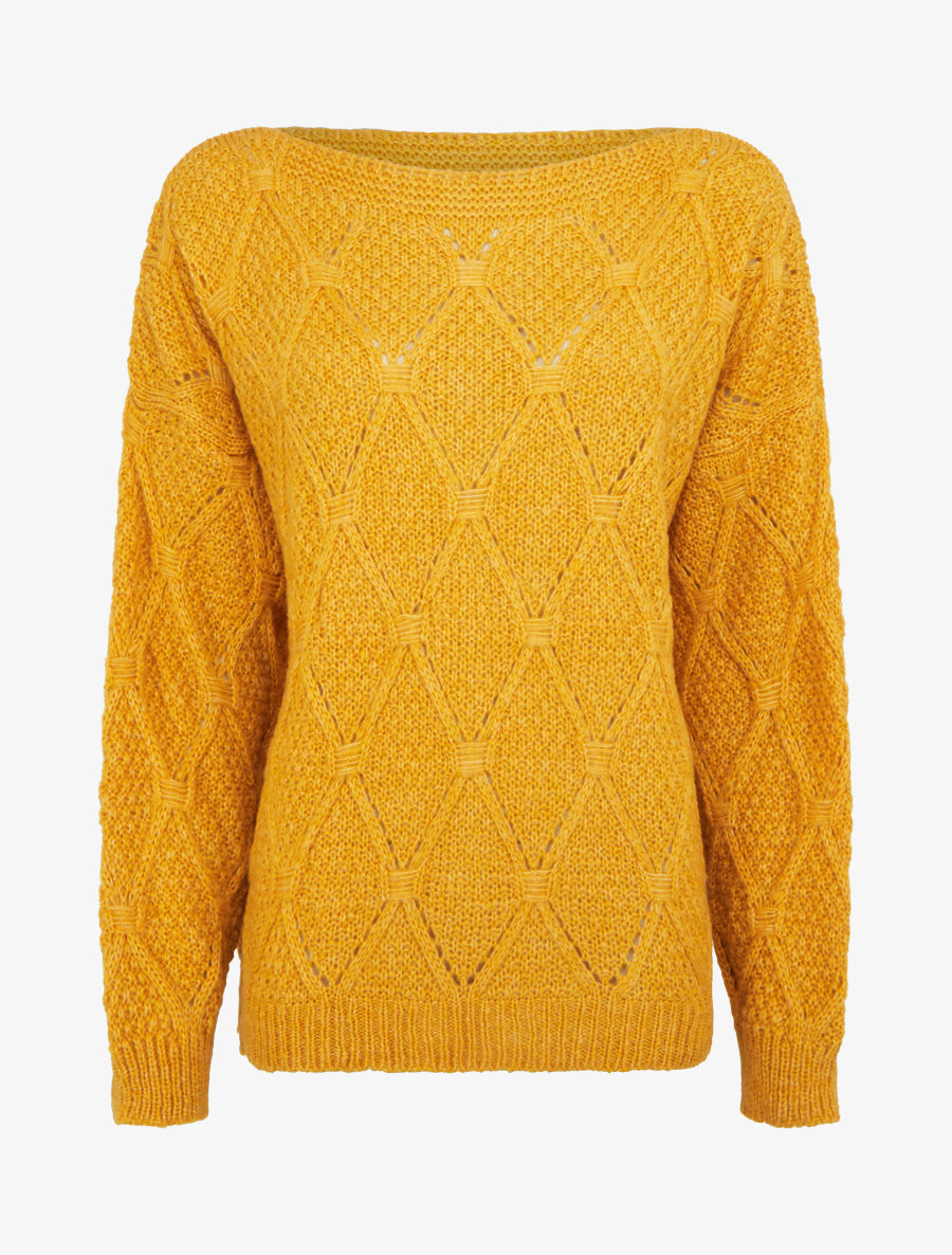Pull uni ajouré à col rond - Jaune moutarde - 1