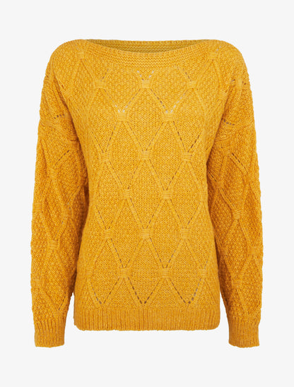 Pull uni ajouré à col rond - Jaune moutarde - 1