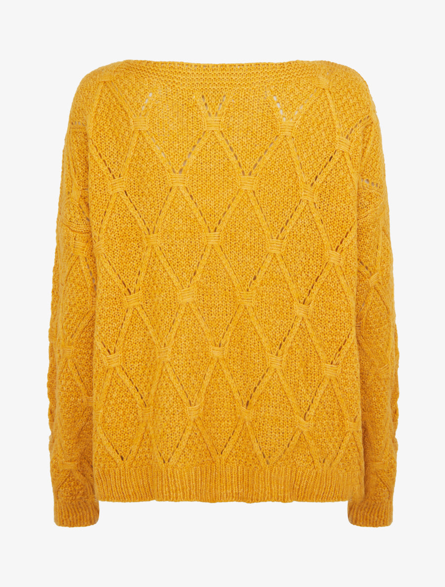 Pull uni ajouré à col rond - Jaune moutarde - 2