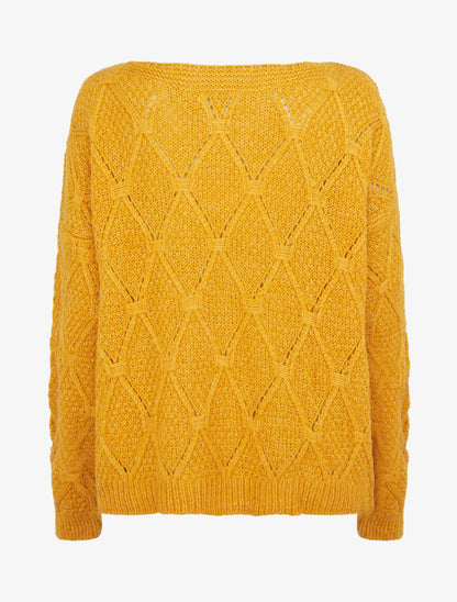 Pull uni ajouré à col rond - Jaune moutarde - 2