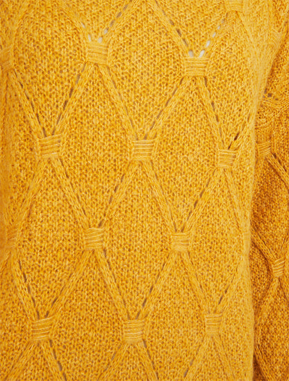 Pull uni ajouré à col rond - Jaune moutarde - 3