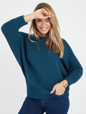 Einfarbiger Pullover mit Fledermausärmeln - Entenblau