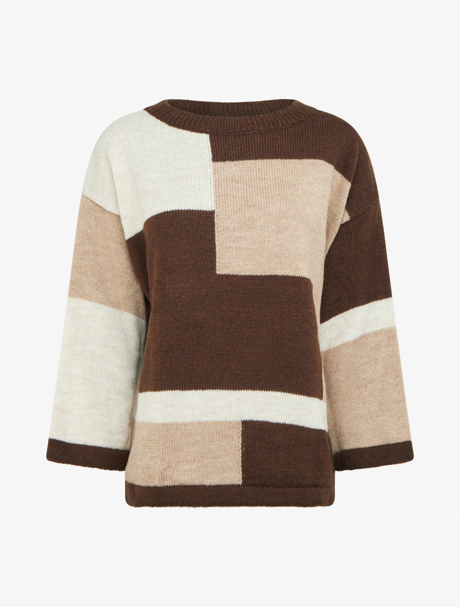 Pull color bloc en maille - Marron - 1