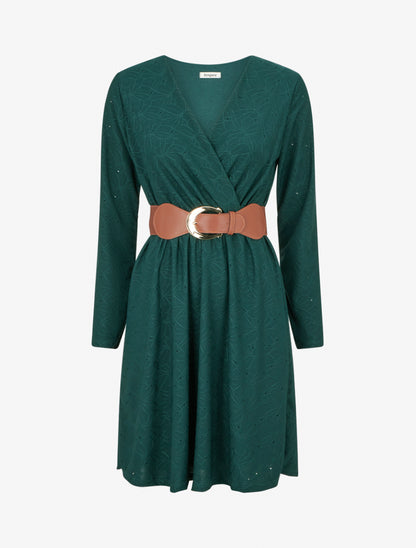 Robe evasée effet fleurs brodées - Vert foncé - 1