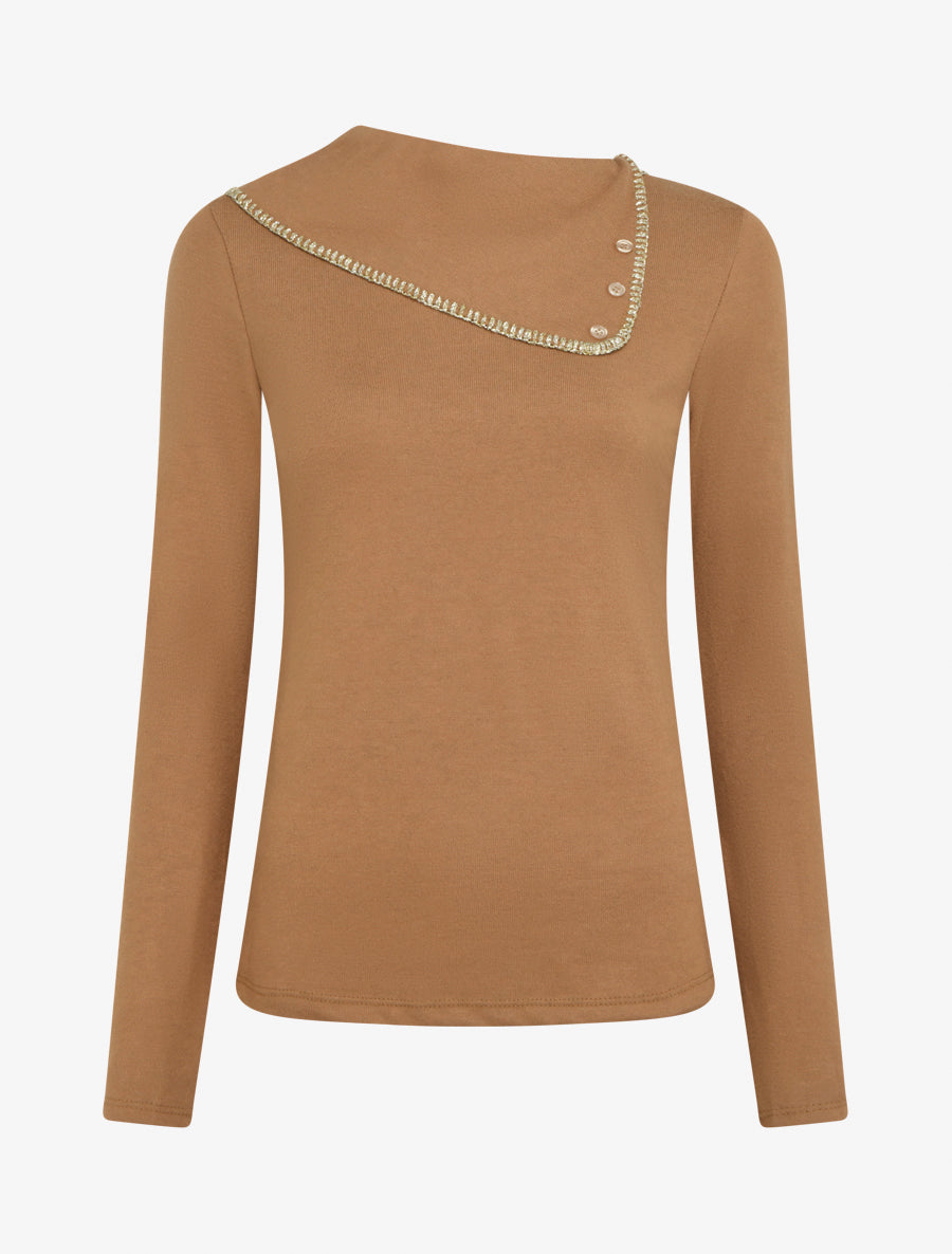 Pull fin à col fantaisie à revers - Camel - 1