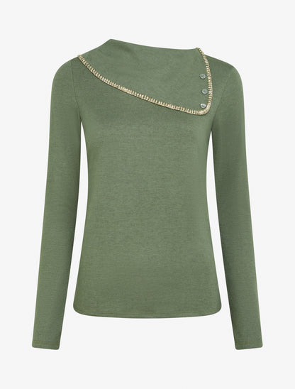 Pull fin à col fantaisie à revers - Kaki - 1