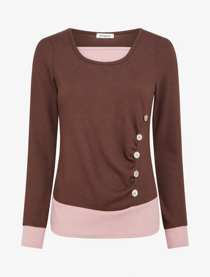 Pull bicolore à boutons décoratifs - Marron - 1