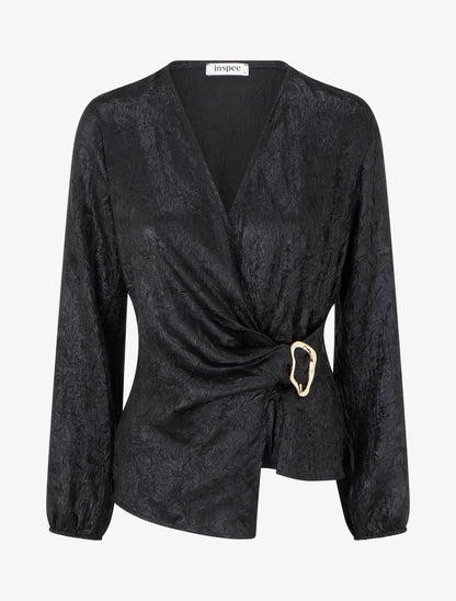 Blouse irisée élastiquée à col cache-coeur - Noir - 1