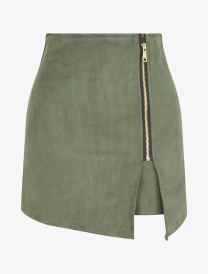 Reißverschluss-Shortsrock aus Wildlederimitat - Kaki
