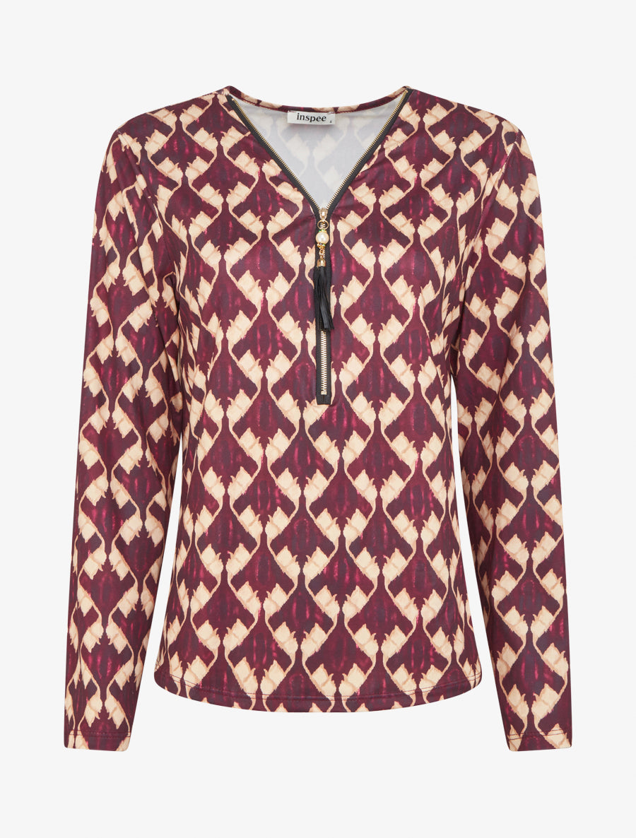 Blouse imprimé fantaisie à col zippée - Prune - 1