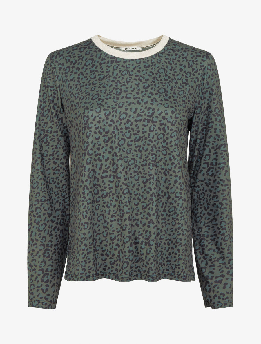 Top imprimé léopard à col rond irisé - Kaki - 1