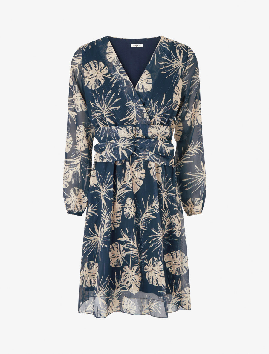 Robe imprimé feuillage à rayures irisées - Marine - 1