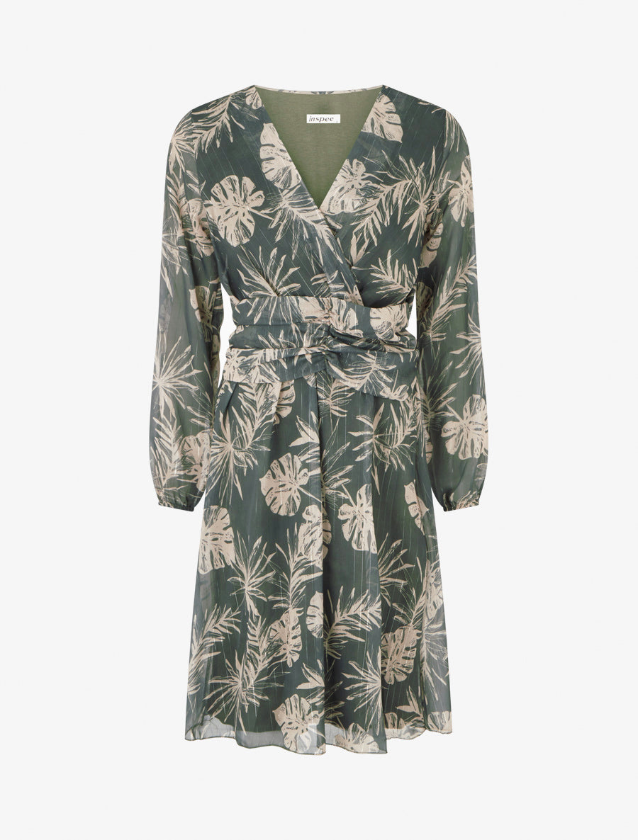 Robe imprimé feuillage à rayures irisées - Kaki - 1