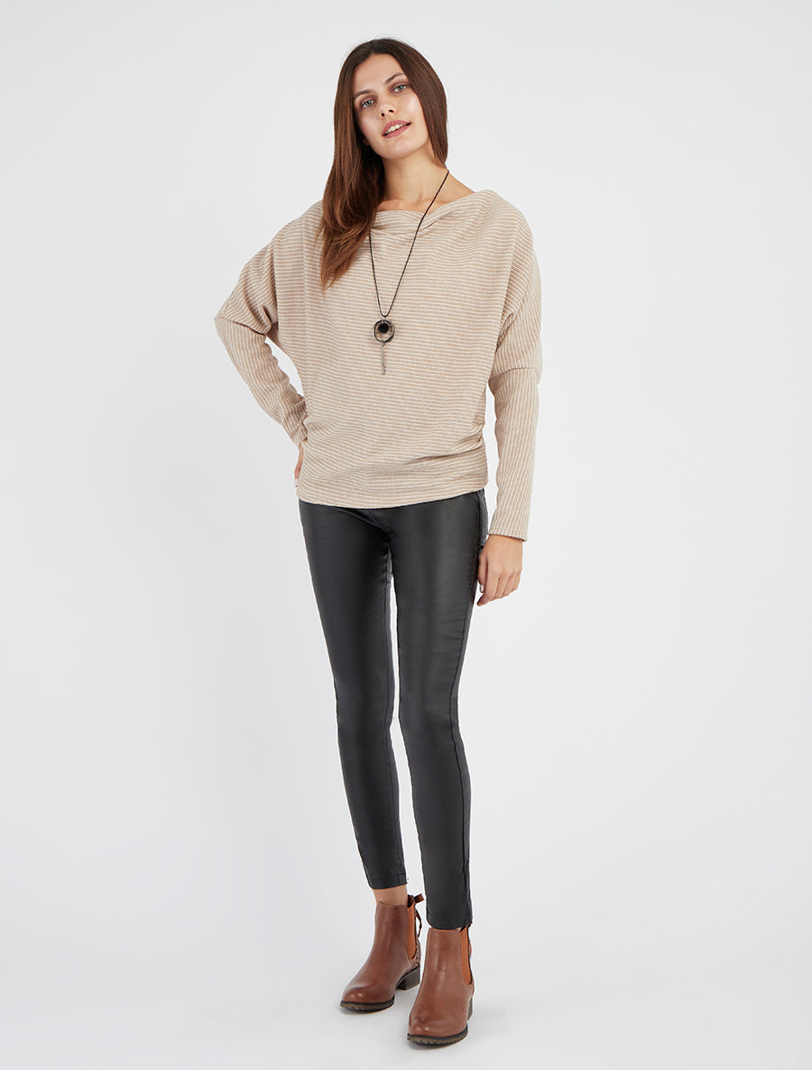 Feiner gestreifter Pulli mit Wasserfallausschnitt - Beige
