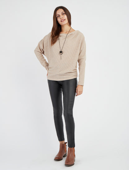 Feiner gestreifter Pulli mit Wasserfallausschnitt - Beige