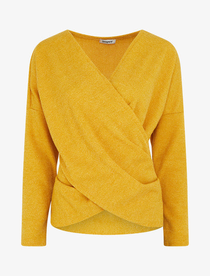 Pull fin uni à col cache-coeur - Jaune moutarde - 1