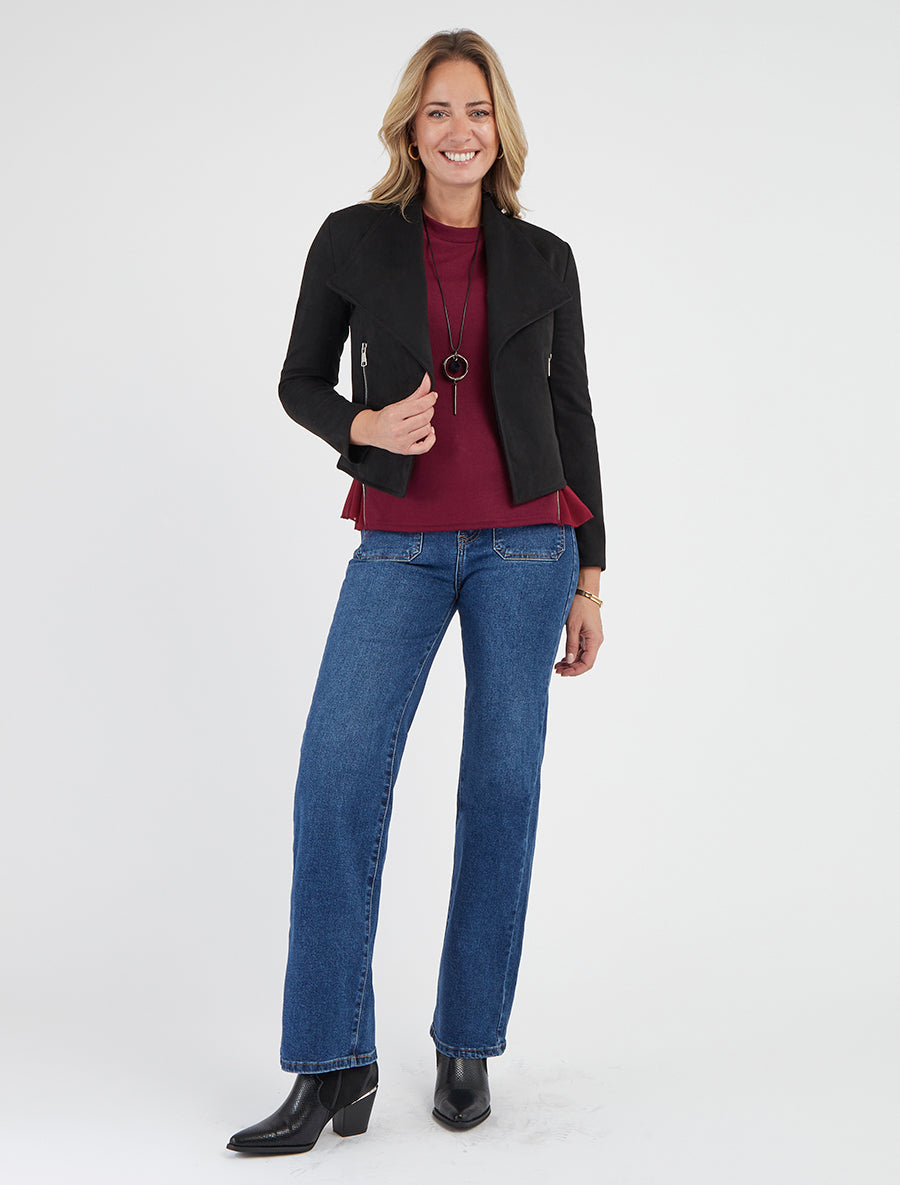 Jacke aus Wildlederimitat mit dekorativen Reißverschlusstaschen - Schwarz