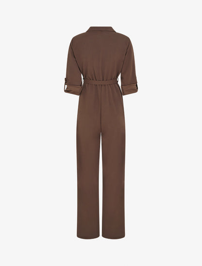 Combinaison unie à taille élastiquée - Marron - 2