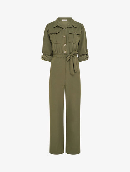 Combinaison unie à taille élastiquée - Kaki - 1