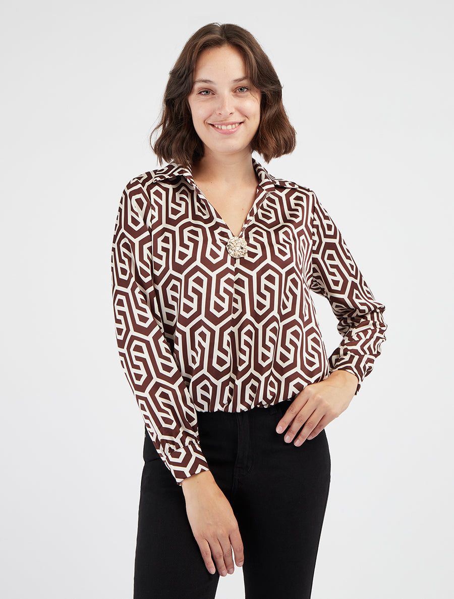 Satinbluse mit Retro-Print - Braun