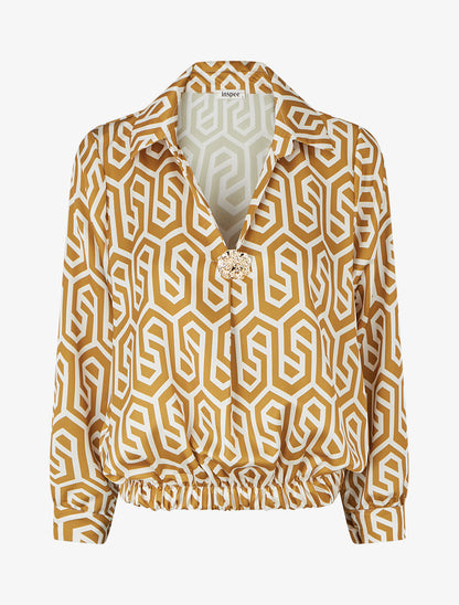 Blouse satinée imprimé rétro - Jaune moutarde - 1