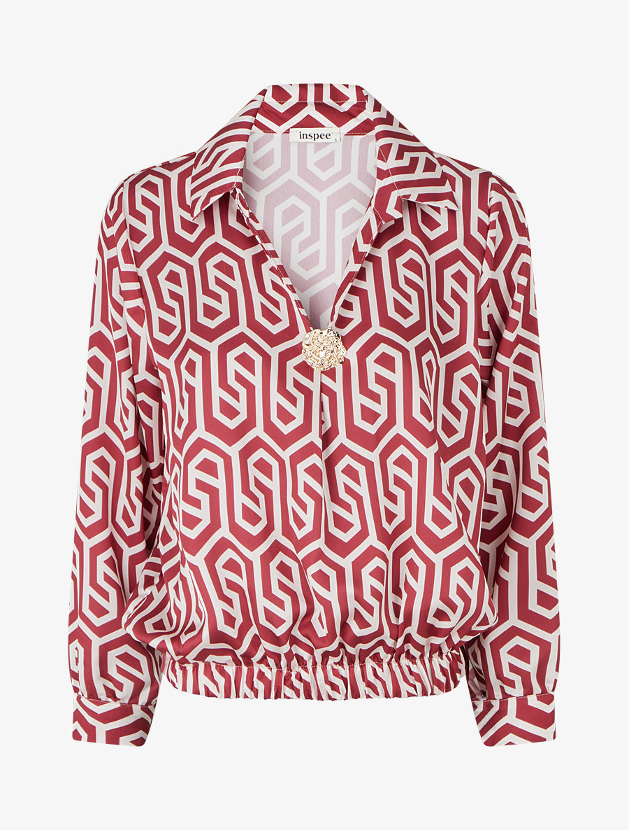 Blouse satinée imprimé rétro - Bordeaux - 1