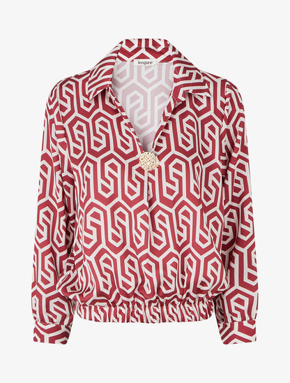 Blouse satinée imprimé rétro - Bordeaux - 1