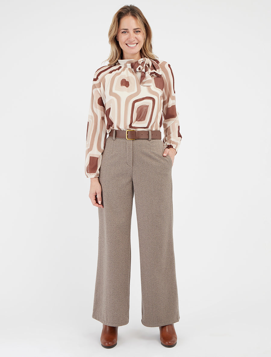 Bluse aus Retro-Voile mit Druck zum Binden - Beige