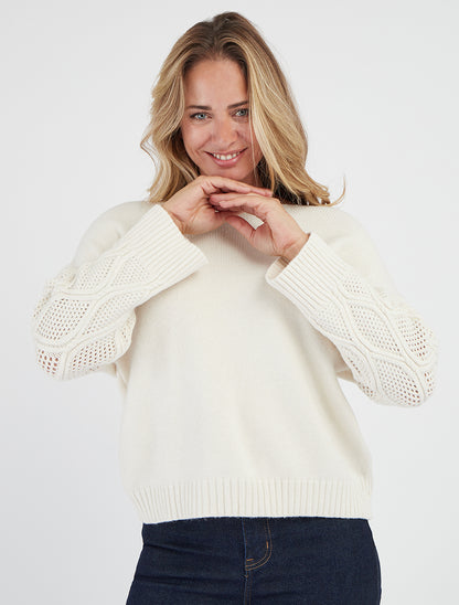 Einfarbiger Pullover mit durchbrochenen Ärmeln - Ecru