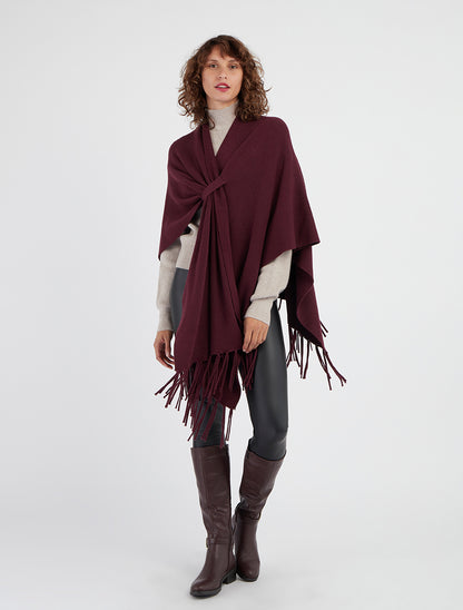 Einfarbiger langer Poncho mit Fransen - Pflaume