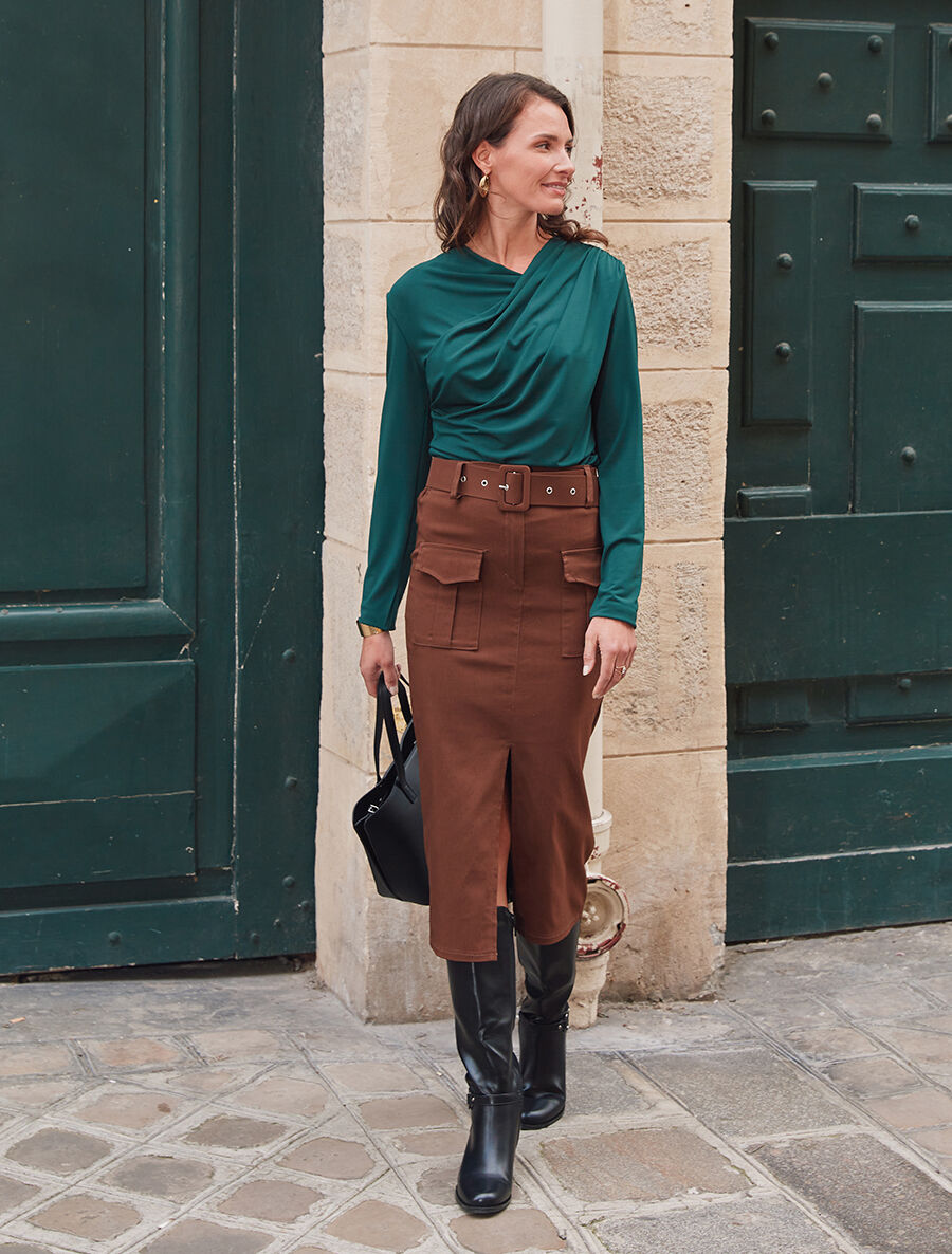 Top à col asymétrique plissé - Vert - 4