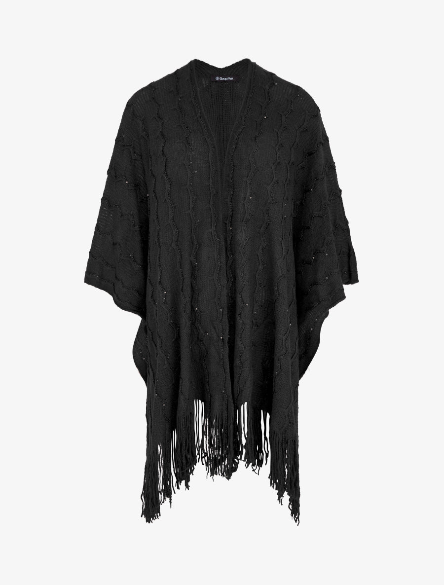 Poncho mi-long uni à franges et sequins - Noir - 1