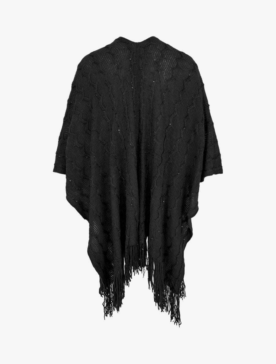 Poncho mi-long uni à franges et sequins - Noir - 2