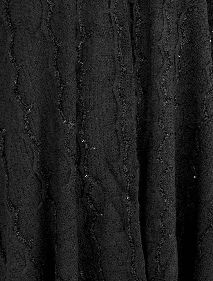 Poncho mi-long uni à franges et sequins - Noir - 3