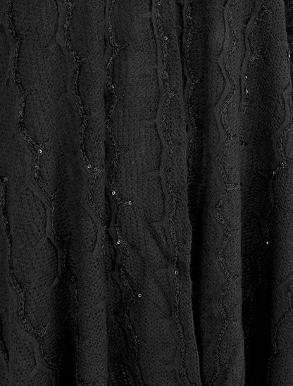 Poncho mi-long uni à franges et sequins - Noir - 3
