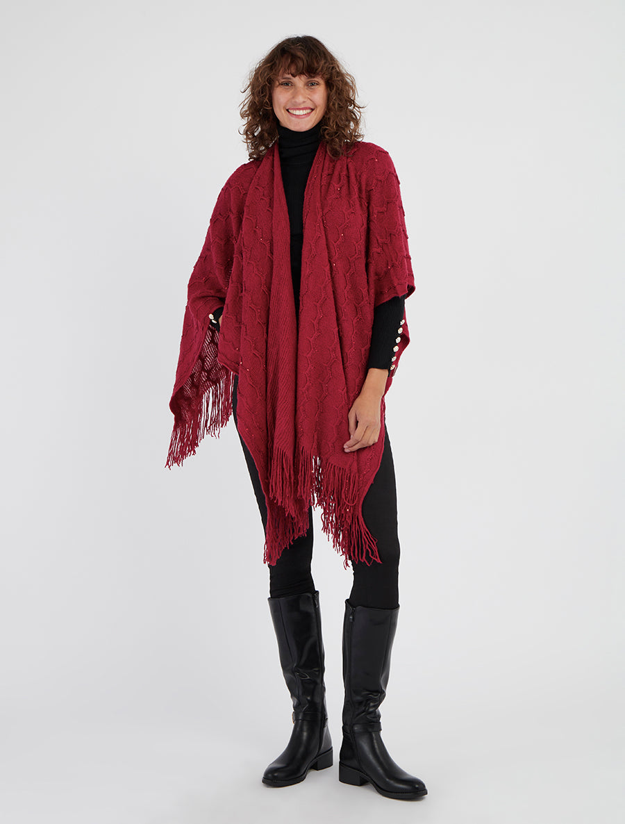 Unifarbener mittellanger Poncho mit Fransen und Pailletten - Weinrot