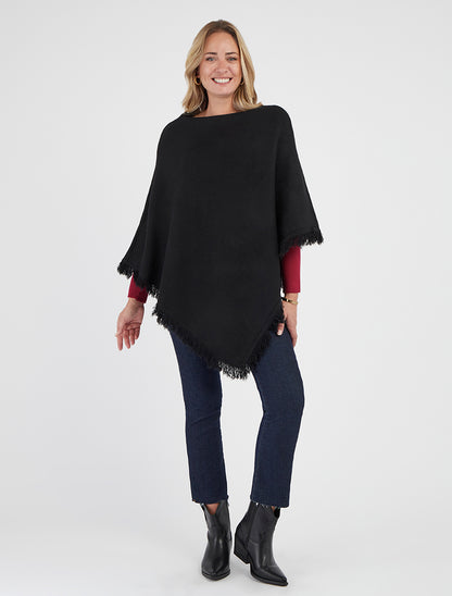 Poncho aus Strick mit Fransen - Schwarz