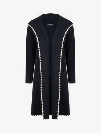 Langer Kapuzenpullover mit besticktem Besatz - Schwarz