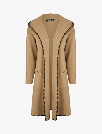 Gilet long à capuche et liseré brodé - Camel - 1