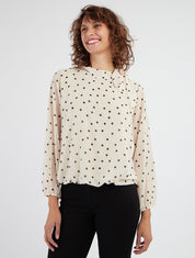 Gepunktetes Oberteil mit Lavallière-Kragen - Beige
