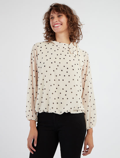 Gepunktetes Oberteil mit Lavallière-Kragen - Beige