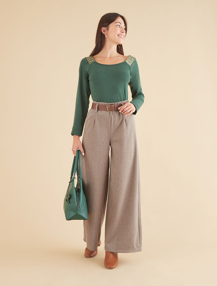Pantalon wide leg en tweed - Taupe - 4
