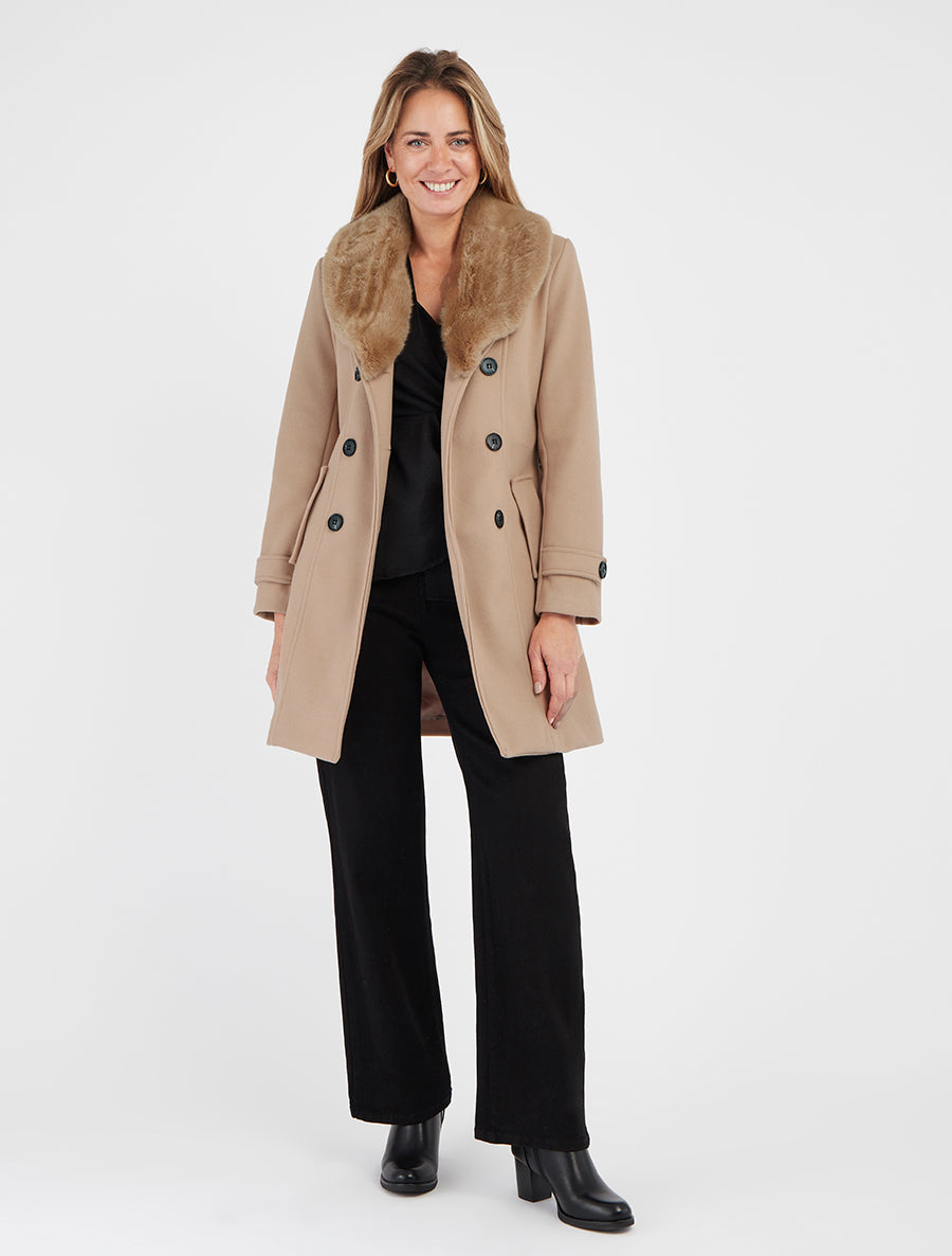 Mantel mit abnehmbarem Kragen aus Kunstpelz - Helles Kamel